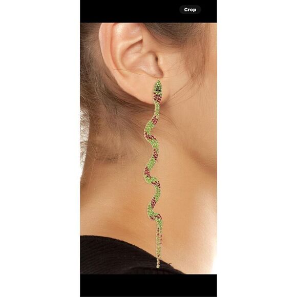 Betsy Johnson whimsical snake linear drop earrings, made with cut glass and gems - Picture 6 of 11